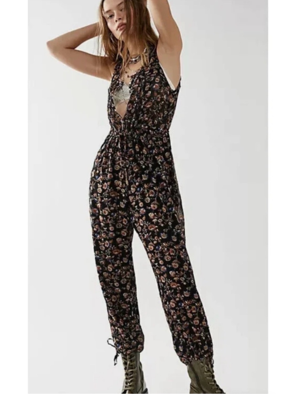 Free People Black Floral Sleeveless Jumpsuit